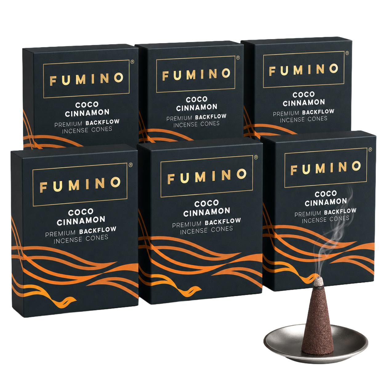 Coco Cinnamon Backflow Incense Cones Multipack | 6 Boxes, 90 Cones | For Waterfall Burner | Fumino