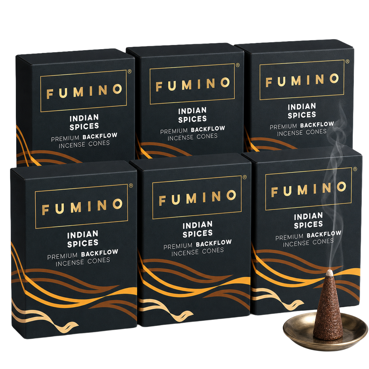 Indian Spices Backflow Incense Cones Multipack | 6 Boxes, 90 Cones | For Waterfall Burner | Fumino