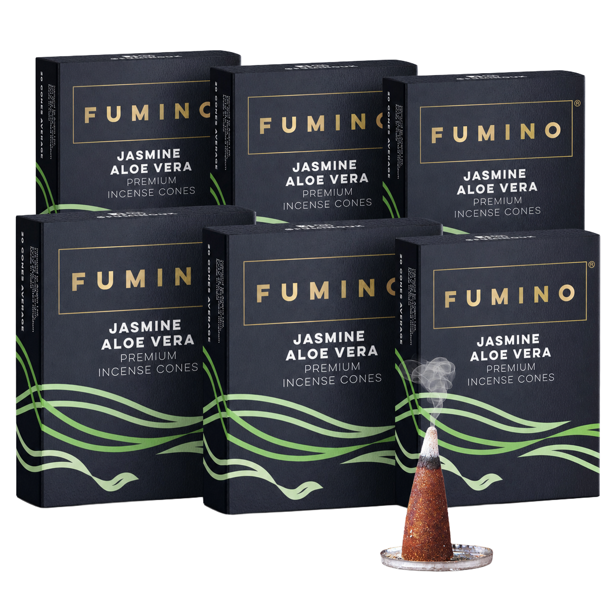Jasmine Aloe Vera Incense Cones Multipack | 6 Boxes, 90 Cones | Aromatherapy & Meditation | Fumino