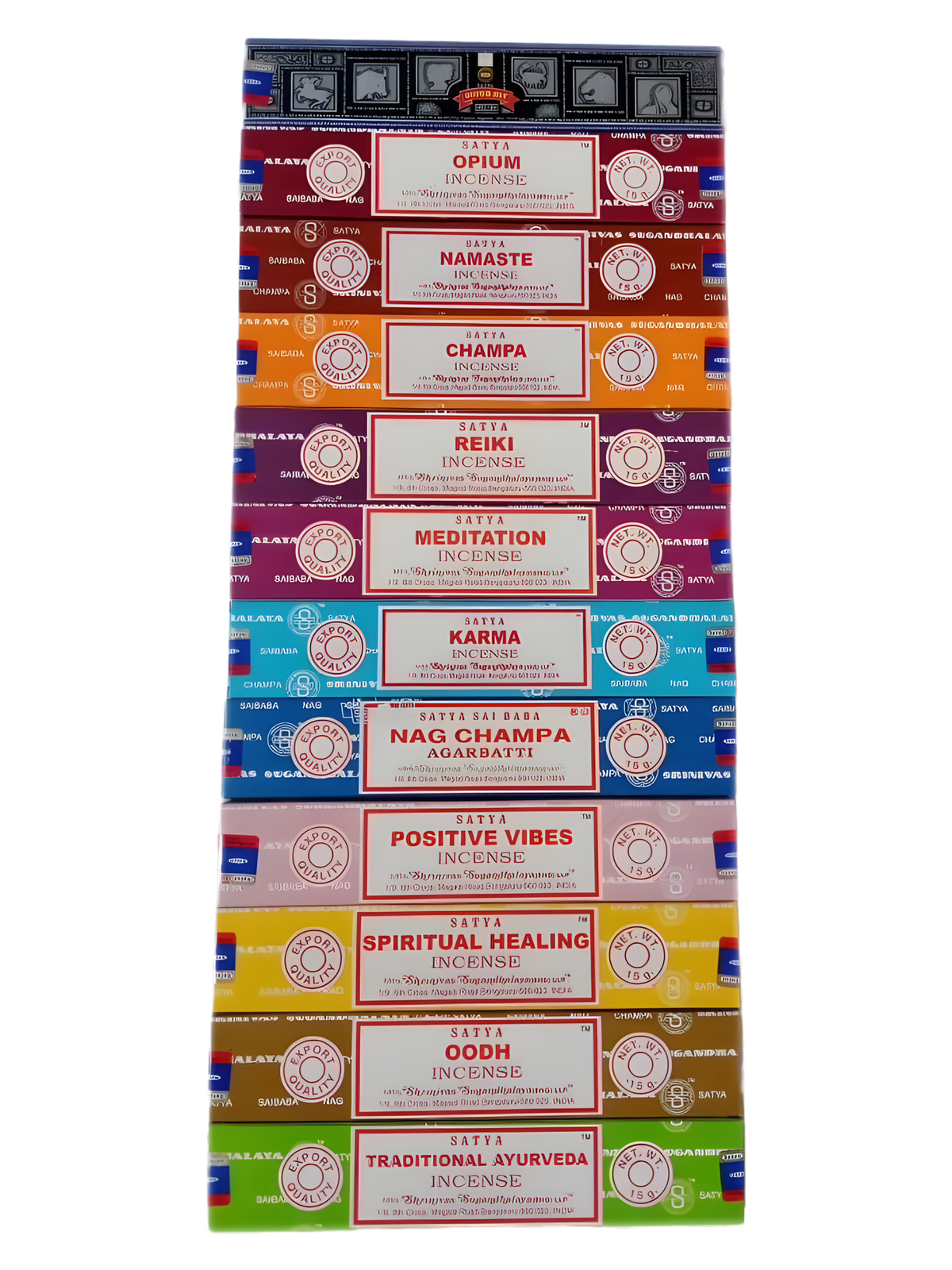 Satya 12-fragrance incense set — 12 boxes of 15g: Super Hit, Opium, Namaste, Champa, Reiki, Meditation, Karma, Nag Champa, Positive Vibes, Spiritual Healing, Oodh, Traditional Ayurveda