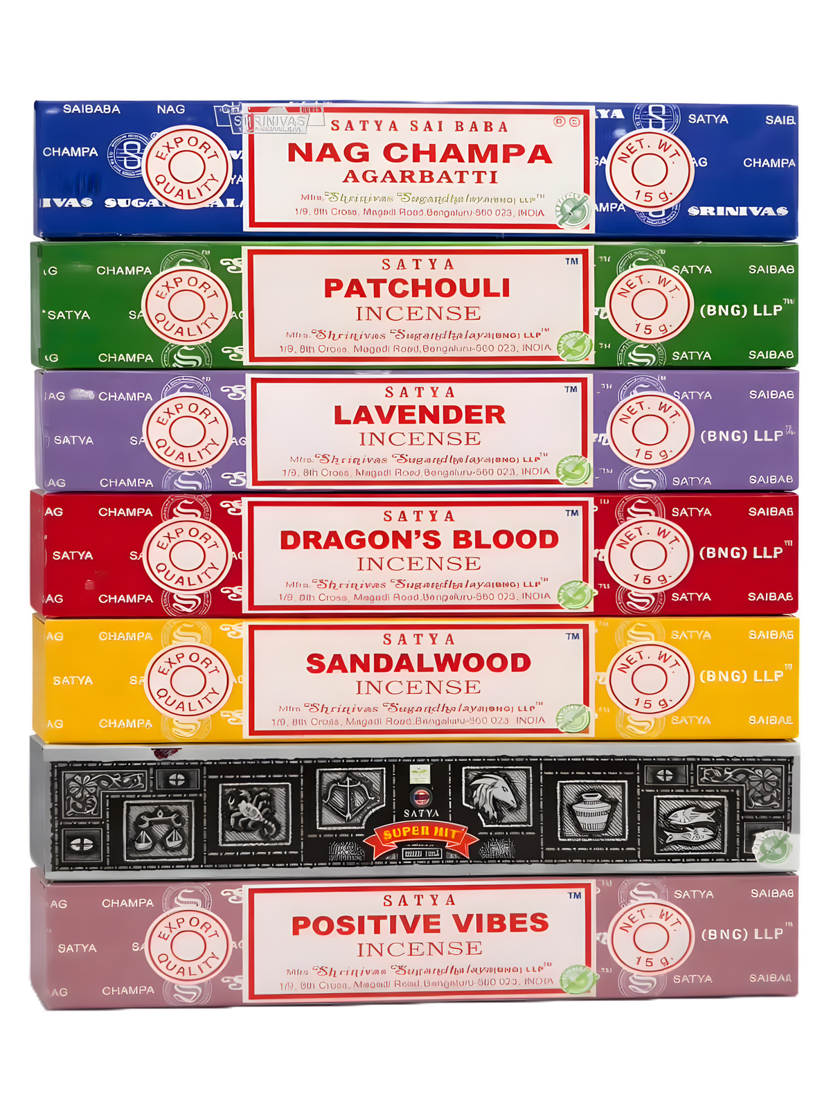 Satya Floral incense gift set — 7 boxes of 15g: Nag Champa, Patchouli, Lavender, Dragon's Blood, Sandalwood, Super Hit, Positive Vibes