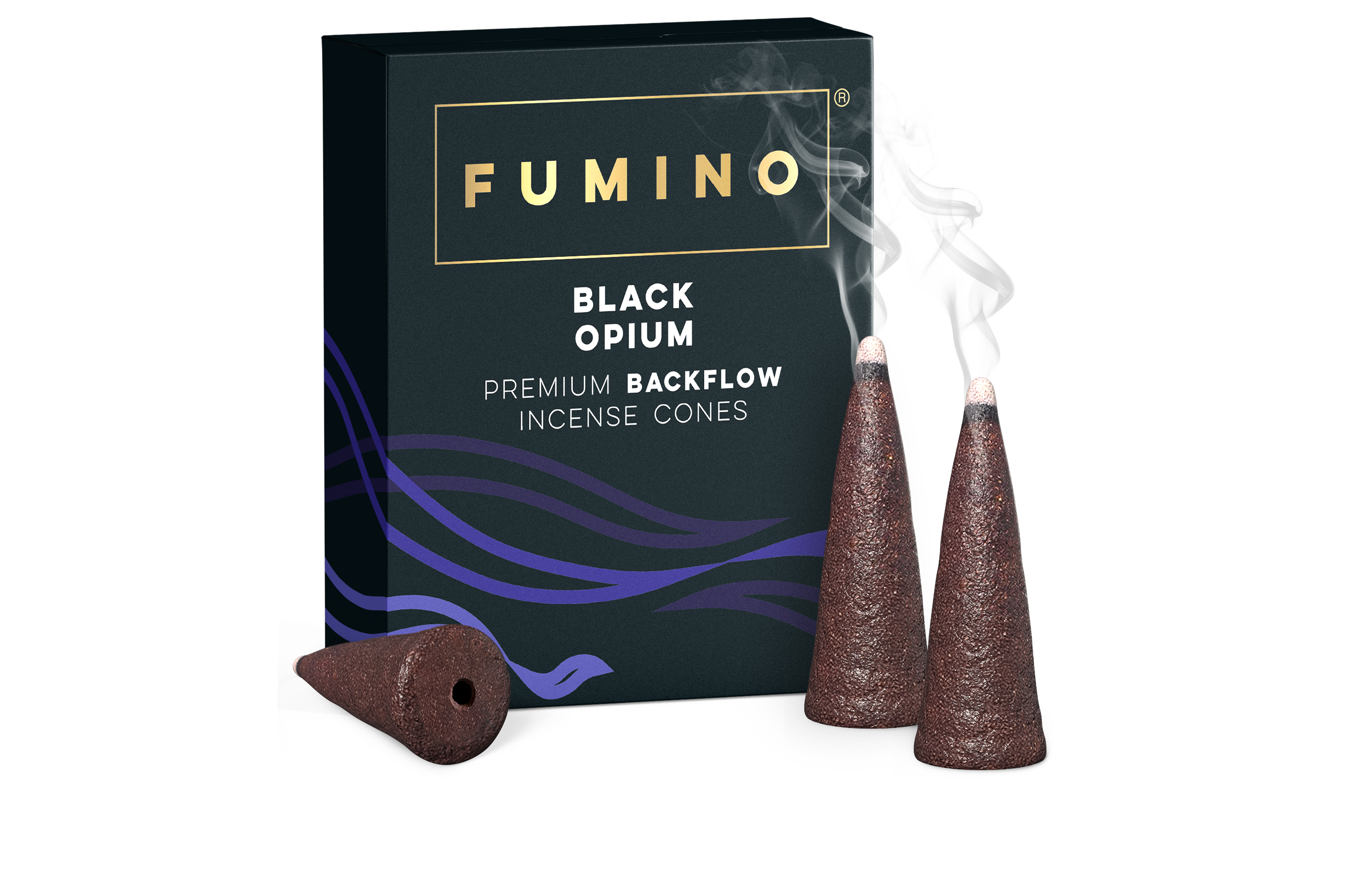 Fumino backflow incense cones, one lying on its side to show the hollow channel in its base