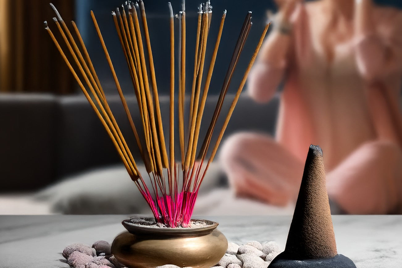 A bowl of incense sticks beside a single incense cone, with someone meditating in the background