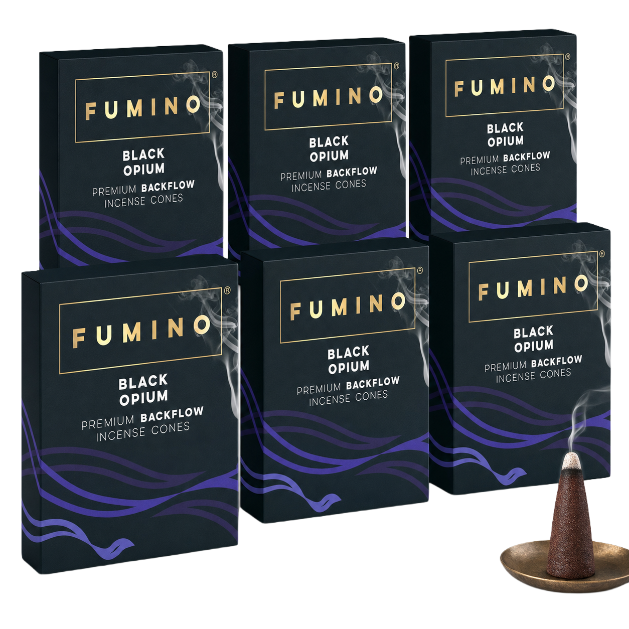 Black Opium Backflow Incense Cones Multipack | 6 Boxes, 90 Cones | For Waterfall Burner | Fumino