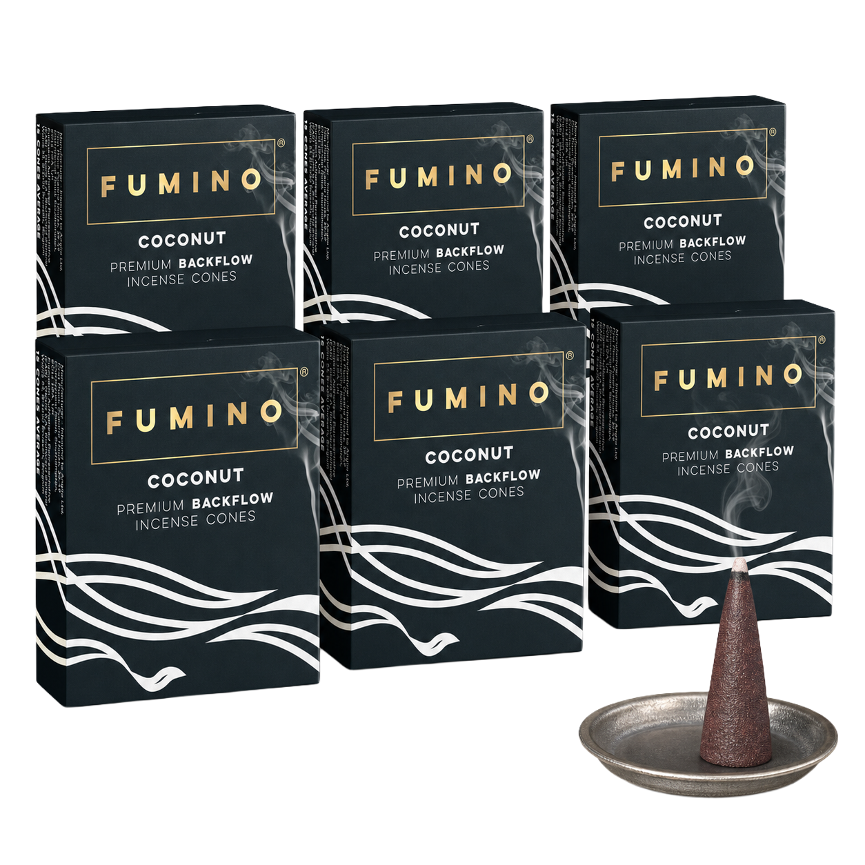 Coconut Backflow Incense Cones Multipack | 6 Boxes, 90 Cones | For Waterfall Burner | Fumino