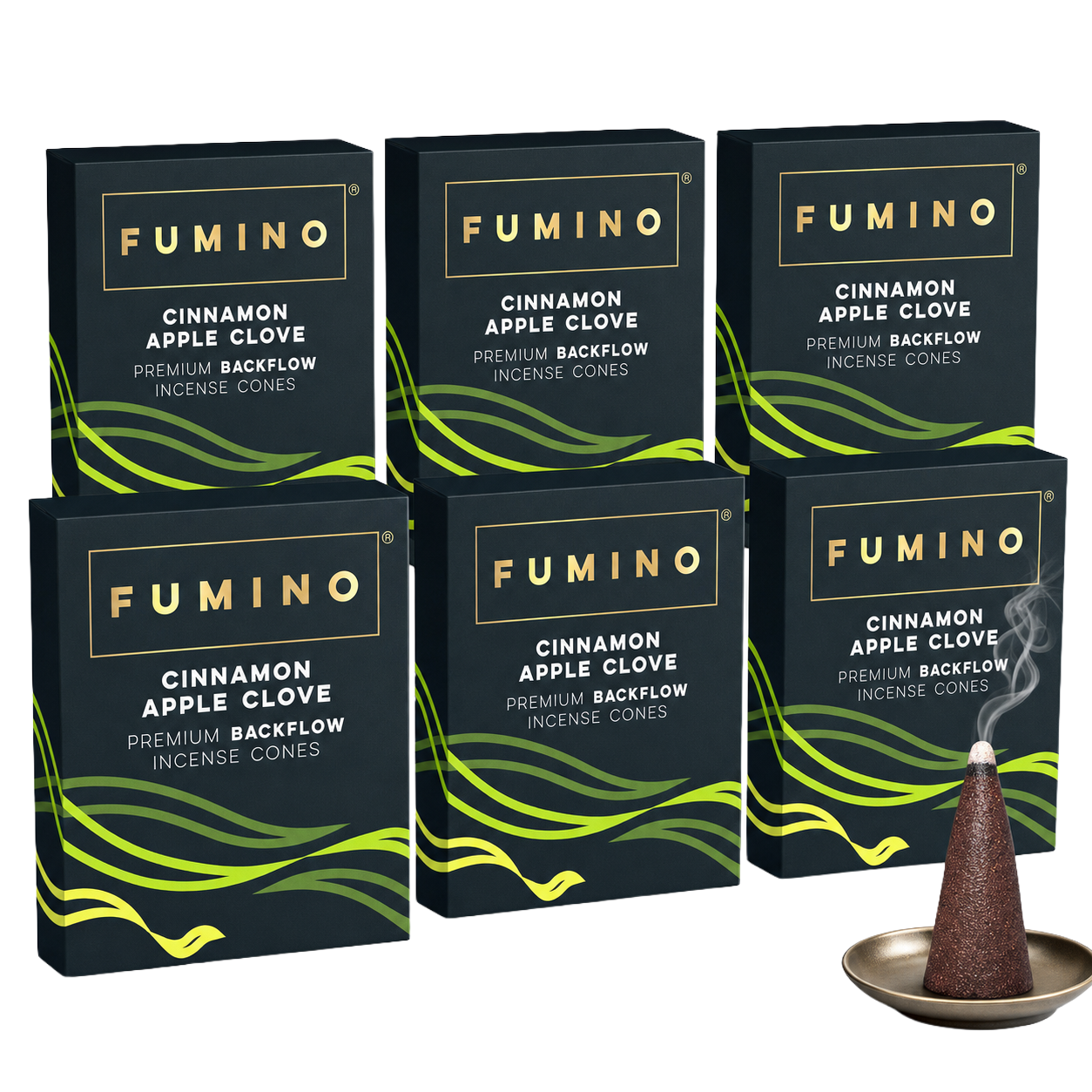 Cinnamon Apple Clove Backflow Incense Cones Multipack | 6 Boxes, 90 Cones | Fumino