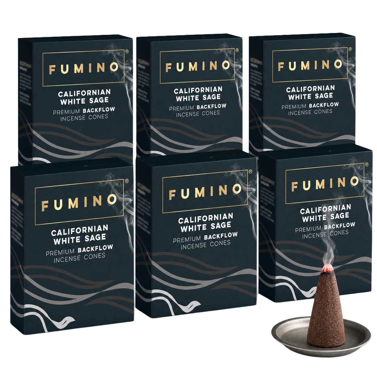 Californian White Sage Backflow Incense Cones Multipack | 6 Boxes, 90 Cones | Fumino