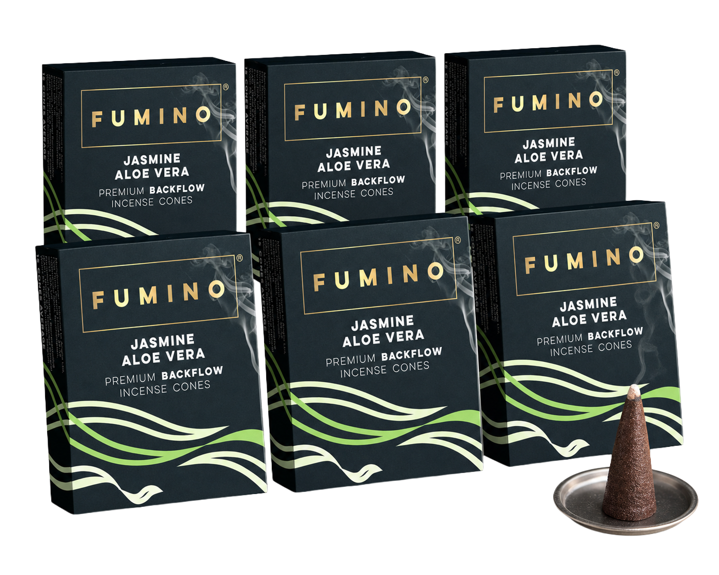 Jasmine Aloe Vera Backflow Incense Cones Multipack | 6 Boxes, 90 Cones | For Waterfall Burner | Fumino