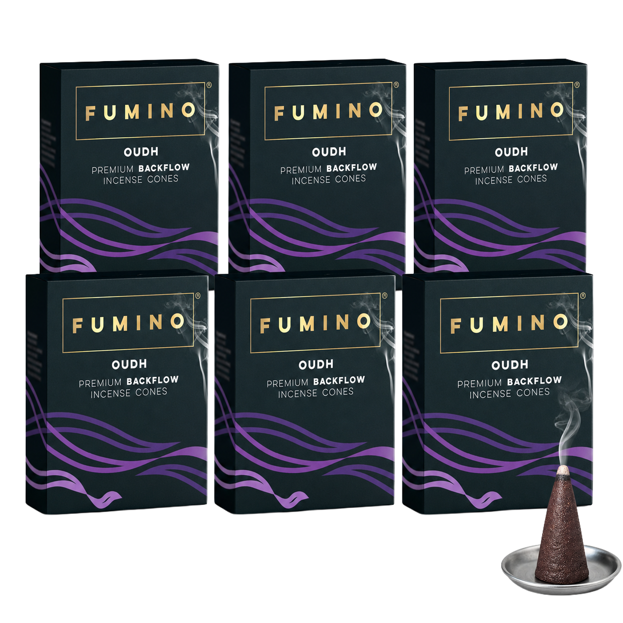 Oudh Backflow Incense Cones Multipack | 6 Boxes, 90 Cones | For Waterfall Burner | Fumino