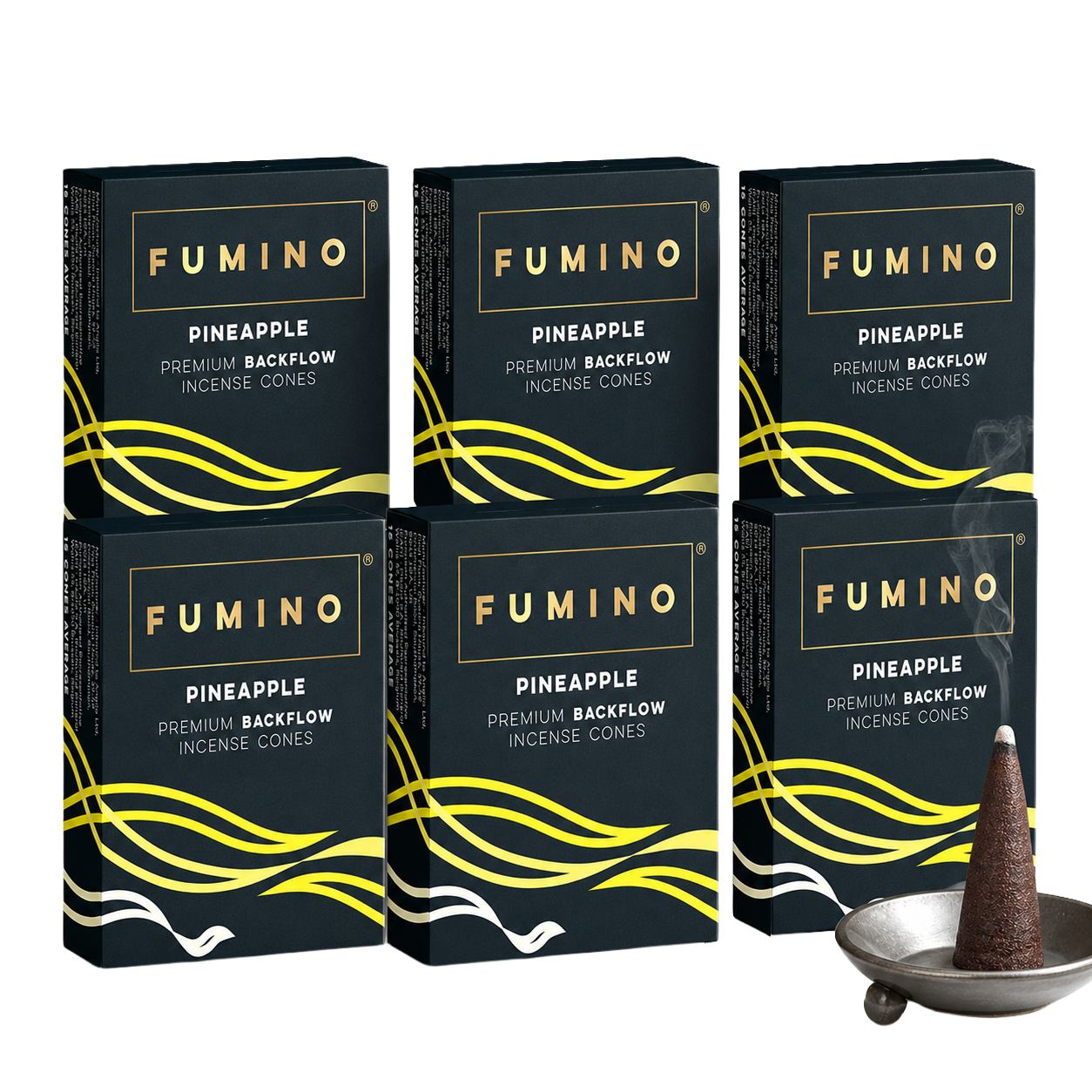 Pineapple Backflow Incense Cones Multipack | 6 Boxes, 90 Cones | For Waterfall Burner | Fumino