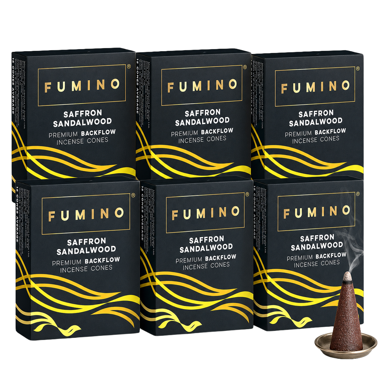 Saffron Sandalwood Backflow Incense Cones Multipack | 6 Boxes, 90 Cones | For Waterfall Burner | Fumino