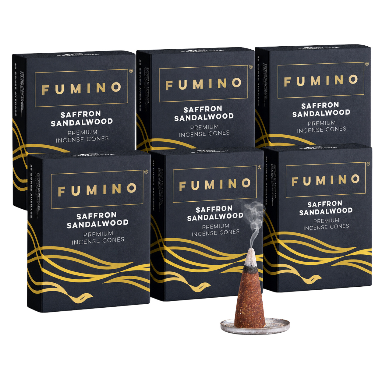 Saffron Sandalwood Incense Cones Multipack | 6 Boxes, 90 Cones | Aromatherapy & Meditation | Fumino
