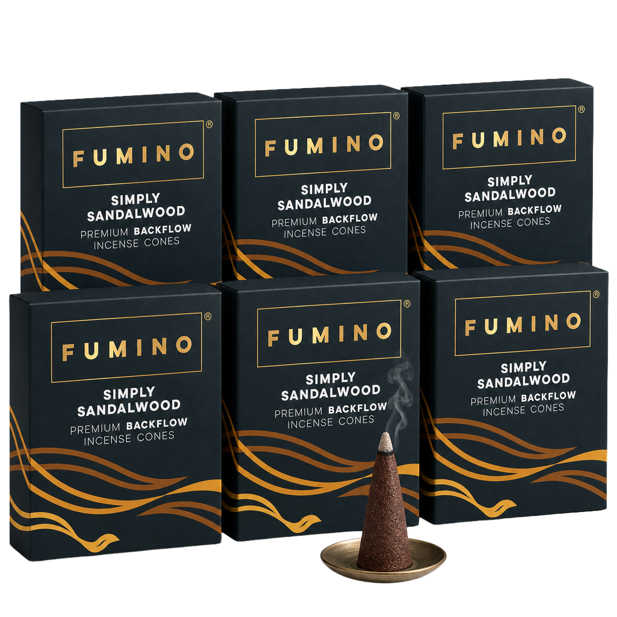 Simply Sandalwood Backflow Incense Cones Multipack | 6 Boxes, 90 Cones | For Waterfall Burner | Fumino