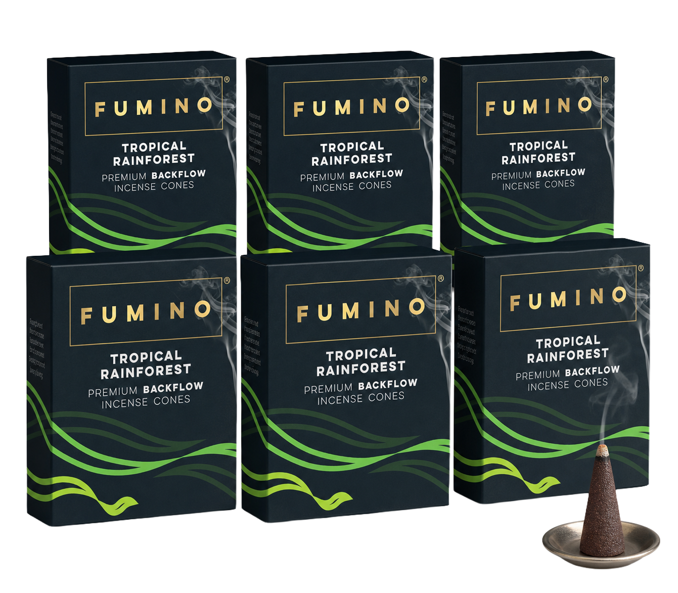 Tropical Rainforest Backflow Incense Cones Multipack | 6 Boxes, 90 Cones | For Waterfall Burner | Fumino