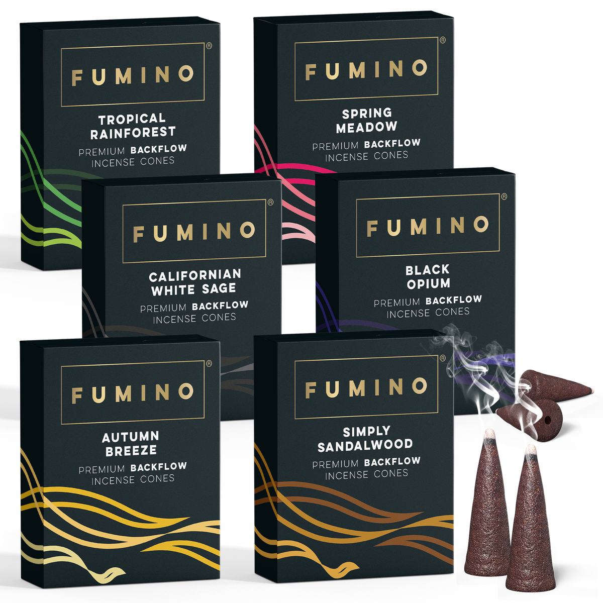 Essentials Backflow Incense Cones Bundle | 6 Fragrances, 90 Cones