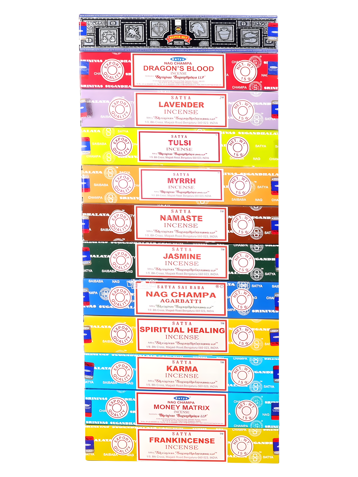 Satya Series 1 incense set — 12 boxes of 15g: Super Hit, Dragon's Blood, Lavender, Tulsi, Myrrh, Namaste, Jasmine, Nag Champa, Spiritual Healing, Karma, Money Matrix, Frankincense